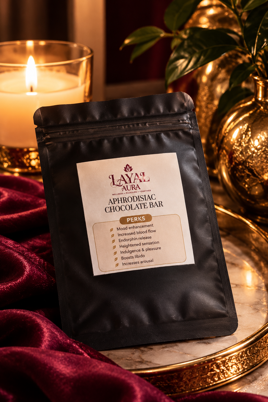 Aphrodisiac chocolate bar in black resealable packaging beside a candle