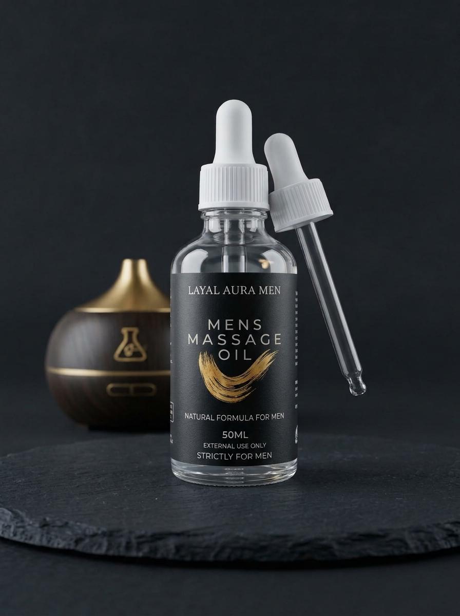 Layal Aura Men's Massage Oil 50 ml glass dropper bottle with black and gold label.